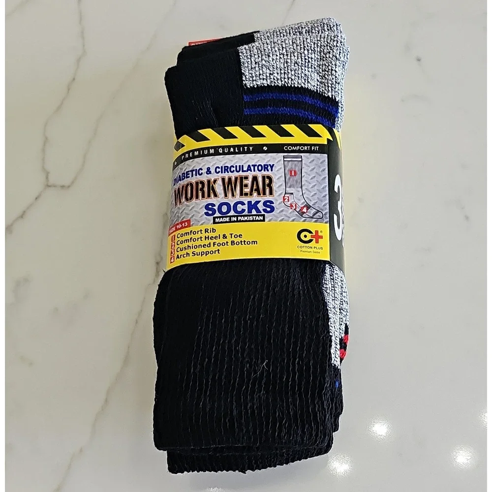 Cotton Plus Diabetic Circulatory Work Socks Cushioned Arch 3 Pairs 10-13
